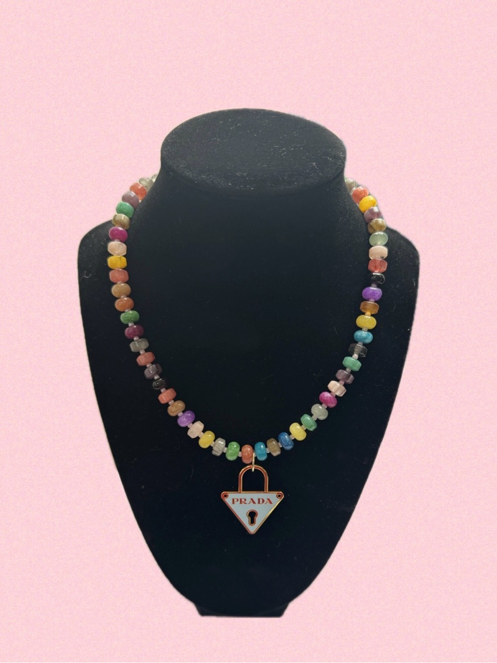 Rainbow Beaded Necklace with Enamel Triangular Logo Charm